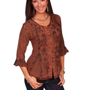 Scully Copper Brown Embroidered Button Up Multi Texture Blouse Top MEDIUM